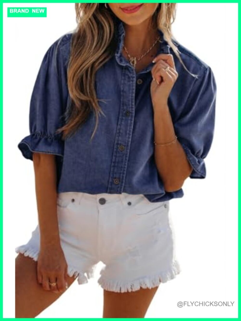Ruffle Short Sleeve Button Down Tunic Top Cotton Blend